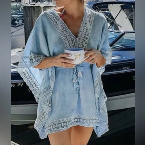 Surf Gypsy Other - Surf Gypsy Dusty Blue and Lace Beach Coverup with a Cinched Waist Size Large